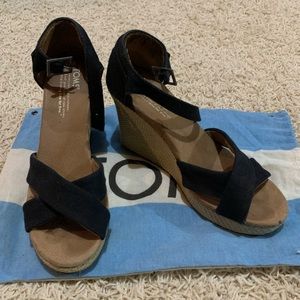 Toms Black ankle strap canvas wedge sandals